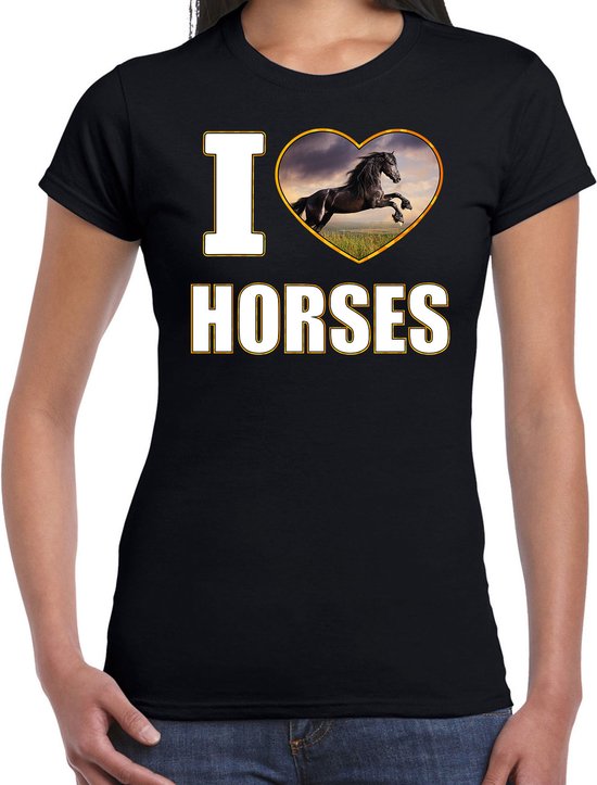 I love horses t-shirt met dieren foto van een zwart paard zwart voor dames - cadeau shirt paarden liefhebber XL