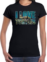Tekst shirt I love turtles met dieren foto van een schildpad zwart voor dames - cadeau t-shirt zeeschildpadden liefhebber XL