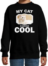 Witte kat katten trui / sweater my cat is serious cool zwart - kinderen - katten / poezen liefhebber cadeau sweaters - kinderkleding / kleding 134/146