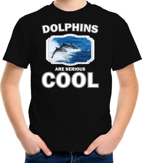 Dieren dolfijnen t-shirt zwart kinderen - dolphins are serious cool shirt  jongens/ meisjes - cadeau shirt dolfijn groep/ dolfijnen liefhebber - kinderkleding / kleding 110/116