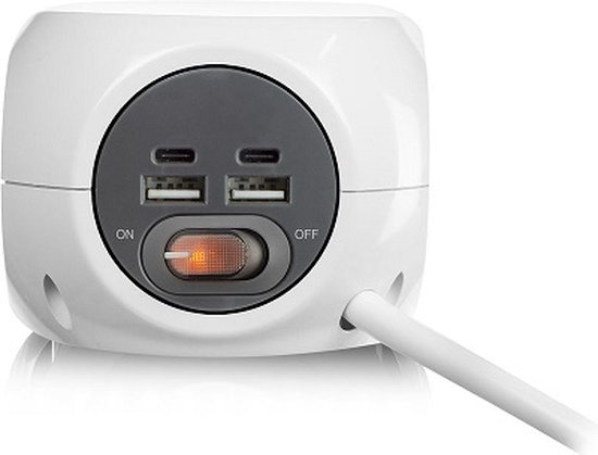 ACT Powercube met USB C – Stekkerdoos USB C – 7-in-1 - 2x USB-A - 2x USB-C – 3 Stopcontacten - Kabel 1,5m – AC2415