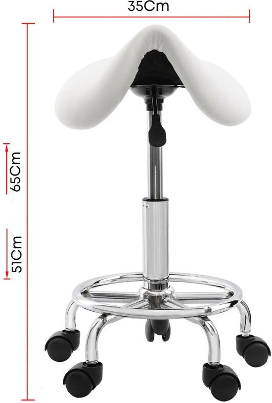 Zadelkruk, rolkruk, draagvermogen 204 kg, in hoogte verstelbaar (55-71 cm), draaikruk, werkkruk met rugleuning en voetensteun, draaibare zadelstoel van PU-leer voor salon, spa, massagekliniek, zwart | NL