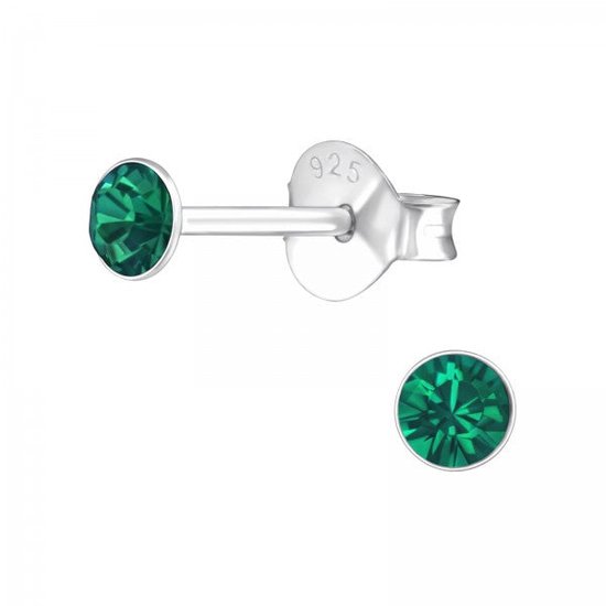 Zilveren oorknop, Swarovski kristal Emerald (3mm)