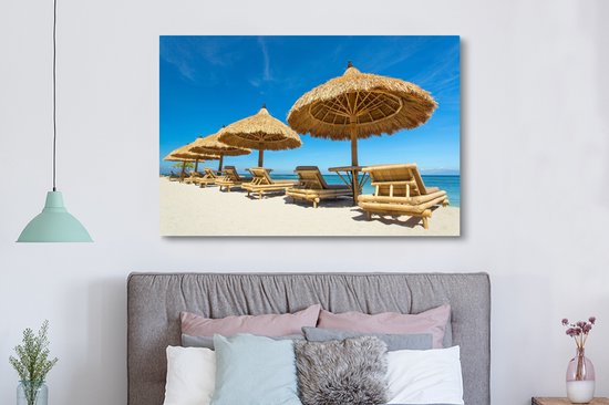 Canvas schilderij 150x100 cm - Wanddecoratie Strandstoel - Strand - Parasol - Zee - Zomer - Muurdecoratie woonkamer - Slaapkamer decoratie - Kamer accessoires - Schilderijen