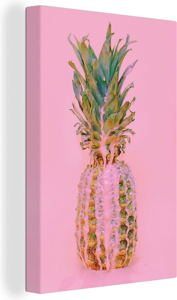 Canvas Schilderij Verf - Ananas - Roze - Zomer - 80x120 cm - Wanddecoratie
