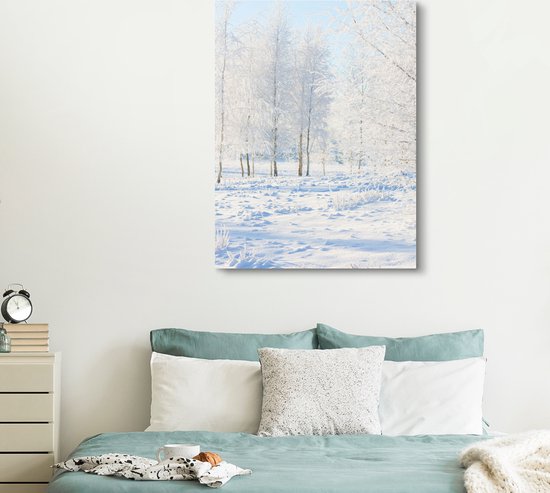 Canvas schilderij 120x160 cm - Wanddecoratie Sneeuw - Bomen - Winter - Muurdecoratie woonkamer - Slaapkamer decoratie - Kamer accessoires - Schilderijen - Kerstdecoratie voor Binnen - Kerstdecoratie Woonkamer - Kerstdecoratie in Huis