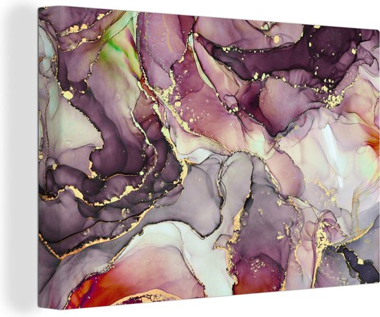 Tableau sur toile Marbre - Rouge - Violet - Or - 140x90 cm - Décoration murale