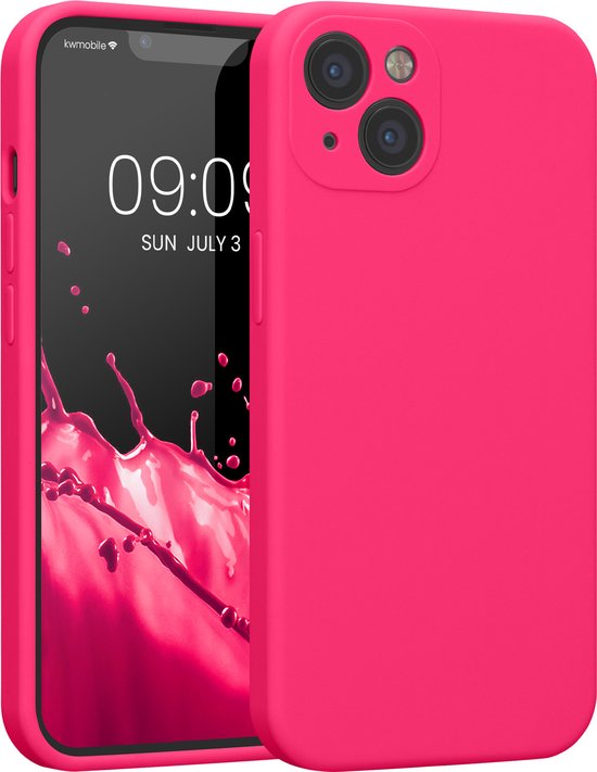 Coque de téléphone rose vif avec une découpe pour double objectif de caméra à l'arrière.