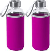 2x Stuks glazen waterfles/drinkfles met fuchsia roze softshell bescherm hoes 420 ml - Sportfles - Bidon