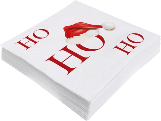 80x stuks kerst thema servetten wit Ho Ho Ho 33 x 33 cm - Kerstdiner tafeldecoratie versieringen - Papieren wegwerpservetten