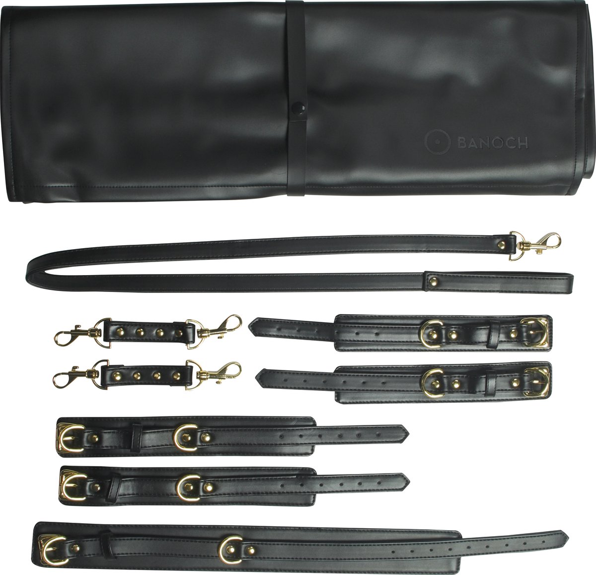 Goedkoopste Banoch | luxe bondage set zwart | handboeien , enkelboeien , collar & leash | pu leer opbergtas | BDSM bondageset