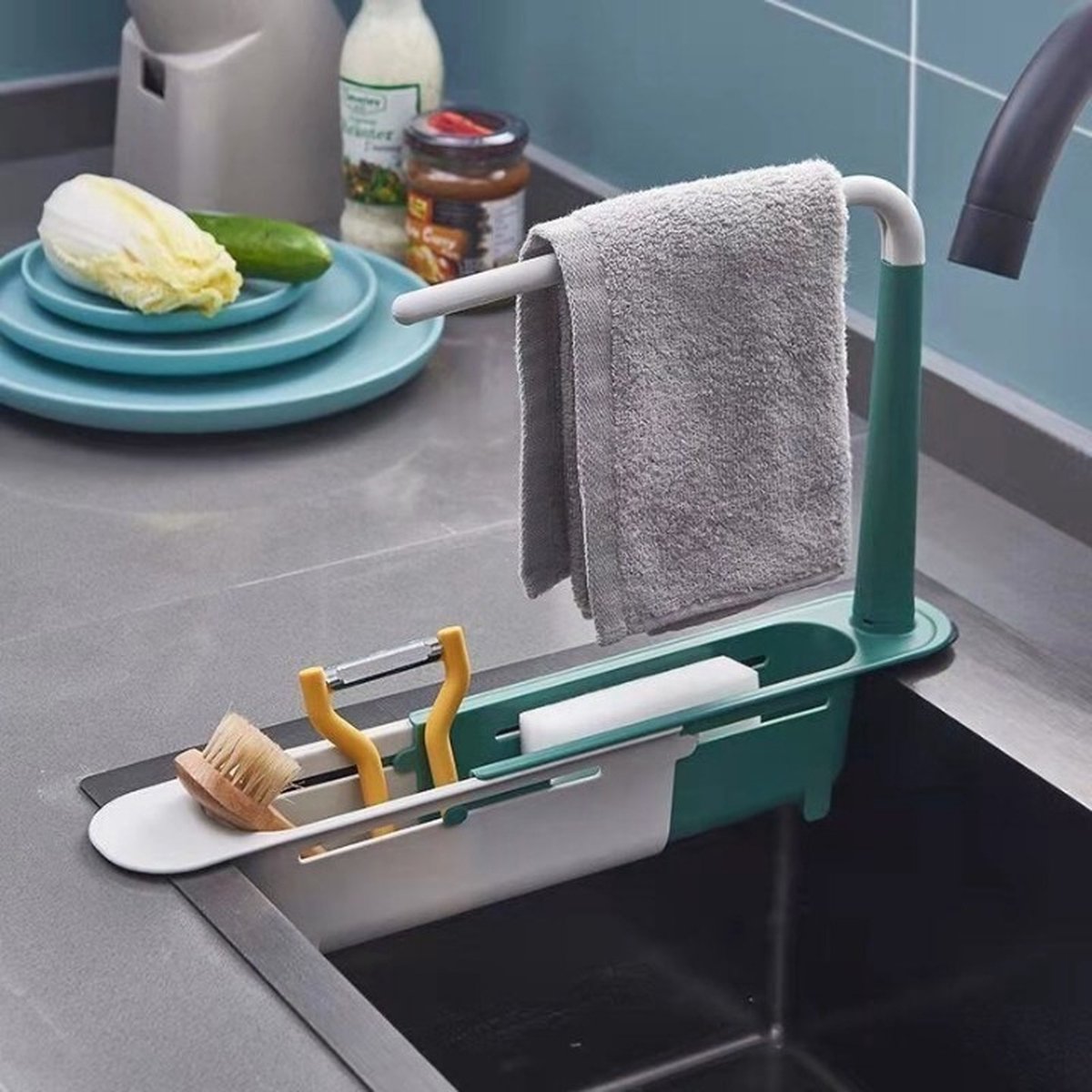 Afwasbak Droogrek Over gootsteen Dying Rack, Grote capaciteit Schotelrek, Gootsteen Organiseren Stand Plank, Met Gebruiksvoorwerp Houder, Keuken Teller Levert Opslag (Kleur: Zilver-A, Grootte: 85Cm