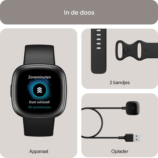 Fitbit Versa 4 inhoud: apparaat, twee bandjes en oplader.