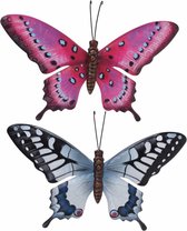 Set van 2x stuks tuindecoratie muur/wand vlinders van metaal in roze en blauw tinten 44 x 31 cm
