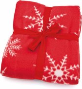 Fleece deken/plaid rode sneeuwvlokken print 120 x 150 cm - Banddeken/woondeken in kerst thema - Kerstpakket