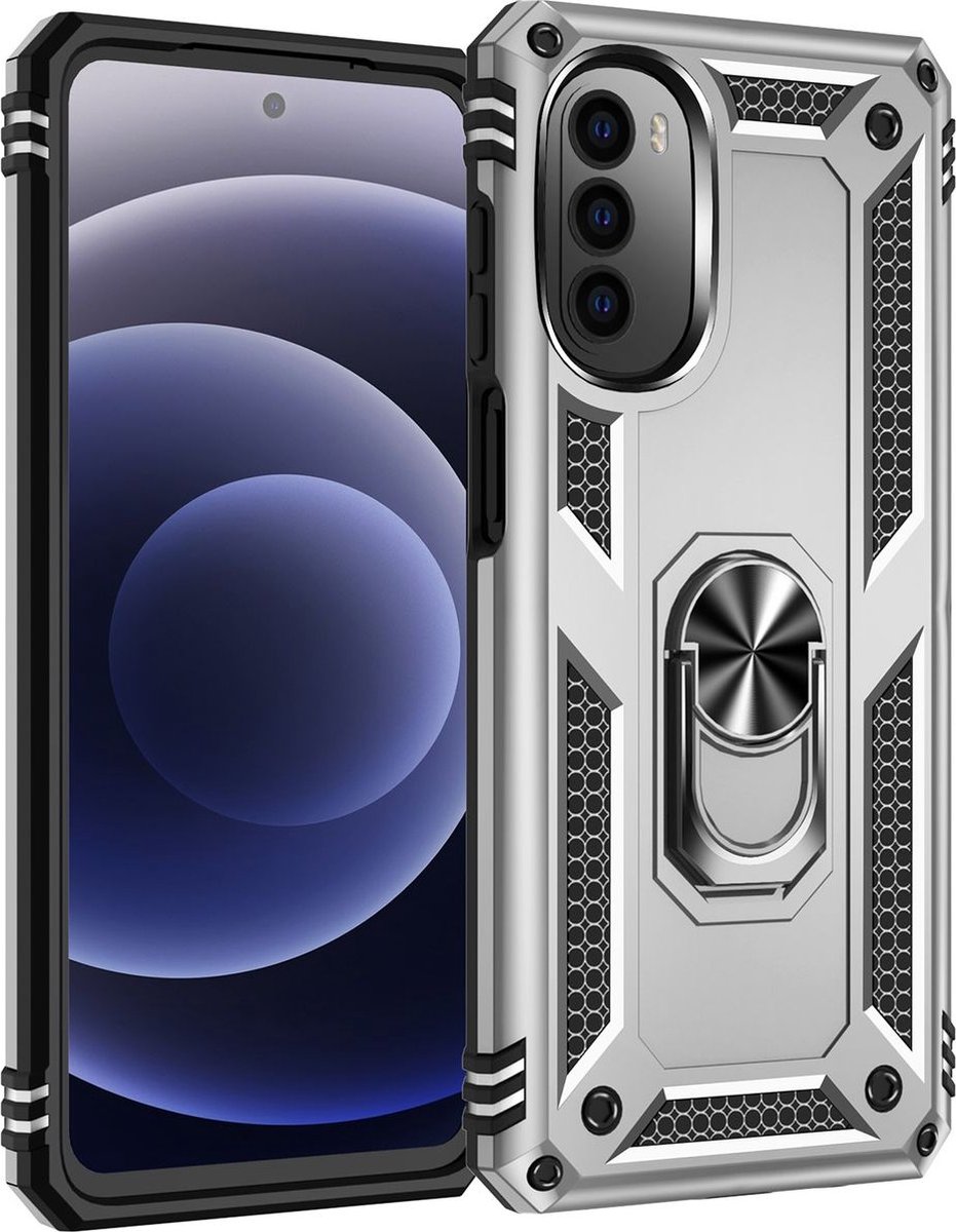Mobigear Hoesje geschikt voor Motorola Moto G82 Telefoonhoesje Hardcase | Mobigear Armor Ring Backcover Shockproof met Ringhouder | Schokbestendig Moto G82 Telefoonhoesje | Anti Shock Proof - Zilver
