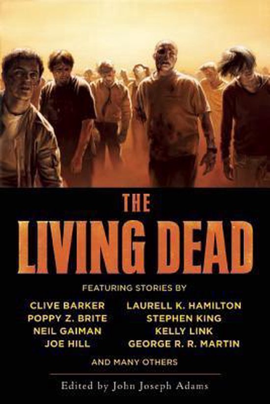 De kaft van 'The Living Dead' toont een groep zombies met een rokerige, oranje gloed op de achtergrond. De titel is prominent aanwezig.