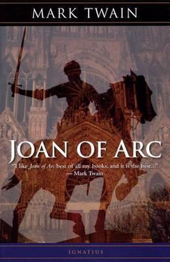 Boekomslag van Mark Twains 'Joan of Arc'. Silhouet van een ridder te paard met zwaard, over een kathedraal.