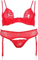 Cottelli Collection – Jarretel Beha Set met Afneembare Cups en Kruis Spannend en Uitdagend – Maat 85B/L - Rood