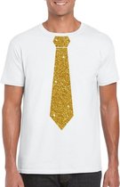 Wit fun t-shirt met stropdas in glitter goud heren S