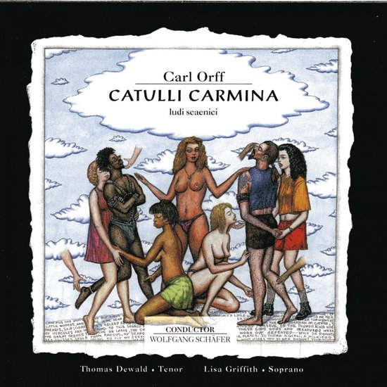 Hoes voor Carl Orffs 'Catulli Carmina' met een tekening van een groep mensen tegen een achtergrond van wolken.