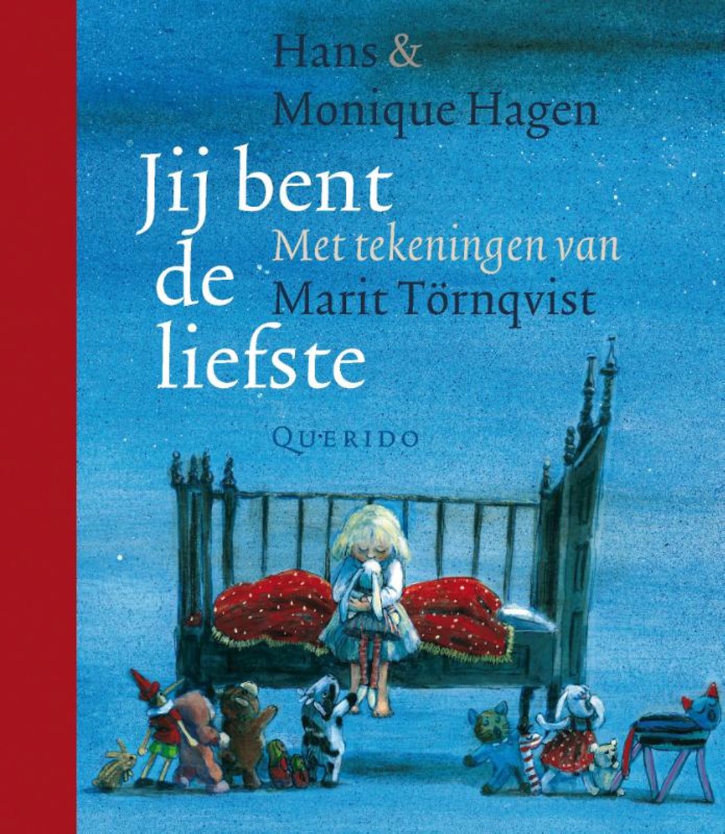 Boekomslag 'Jij bent de liefste' met een meisje bij een bed omringd door dierenfiguren.