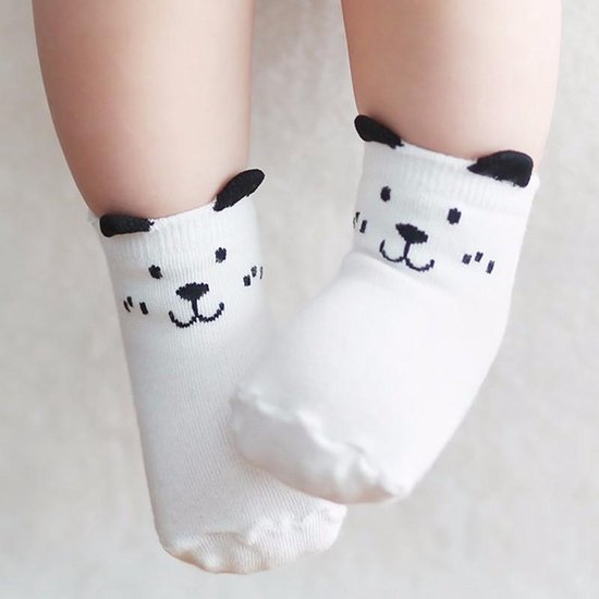 Baby sokjes - Babysokjes met anti-slip laagje - Wit hondje - 12-24 maanden - Veilige eerste stapjes