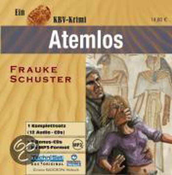 Audioboekhoes 'Atemlos' van Frauke Schuster, met een illustratie van een man die een vrouw in de mond grijpt.