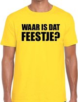 Waar is dat feestje? tekst t-shirt geel heren XL