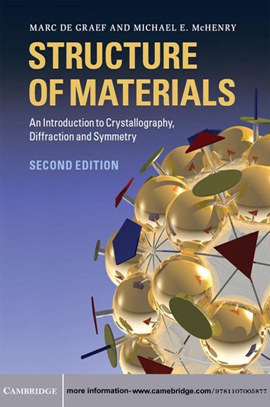 Boekomslag van 'Structure of Materials', met gouden bollen en rode en blauwe driehoeken op een blauwe achtergrond.