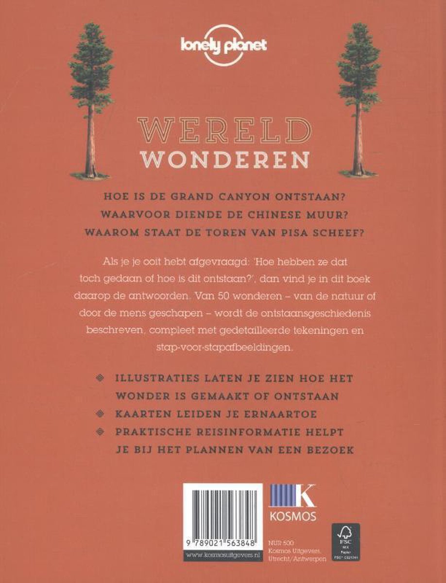 Boek 'Wereldwonderen' van Lonely Planet met illustraties van bomen en tekst.