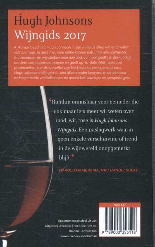 Achterkant van Hugh Johnsons Wijngids 2017, met recensie en een glas rode wijn.