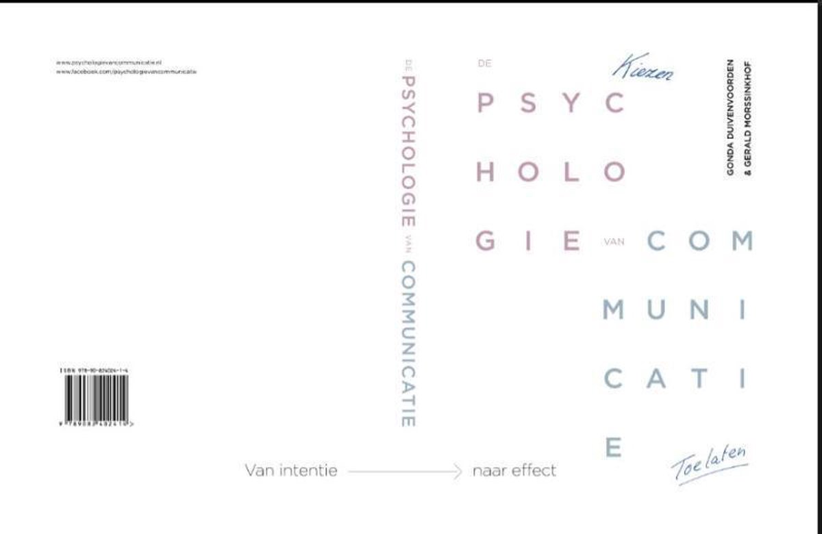 Boekomslag met de titel 'De psychologie van communicatie' in verticale tekst. Kleuren: paars, lichtblauw, grijs.