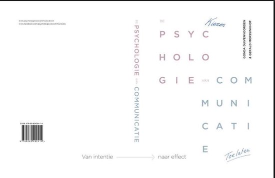 Boekomslag met de titel 'De psychologie van communicatie' in verticale tekst. Kleuren: paars, lichtblauw, grijs.