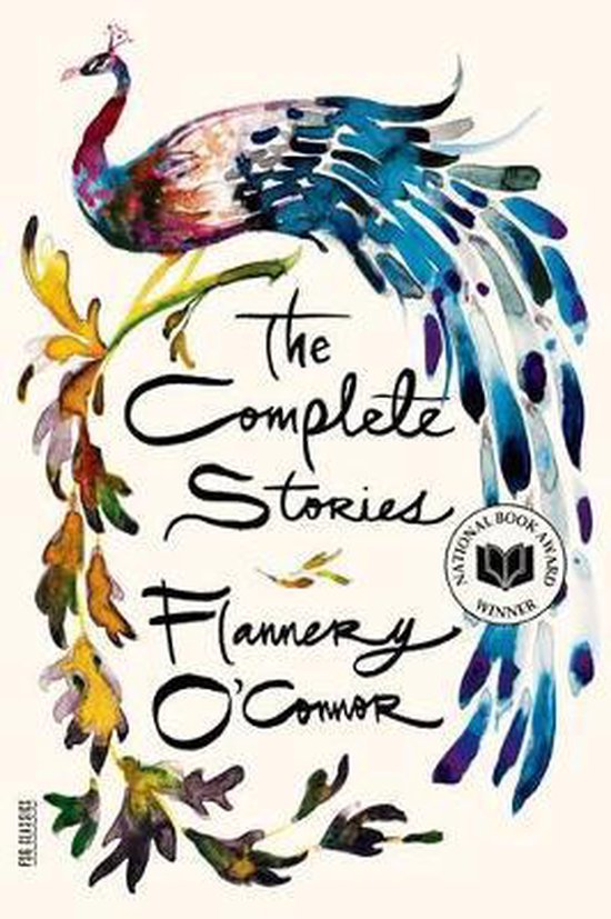 Boek kaft met illustratie van pauw en takken met bladeren. Titel: The Complete Stories Flannery O'Connor.