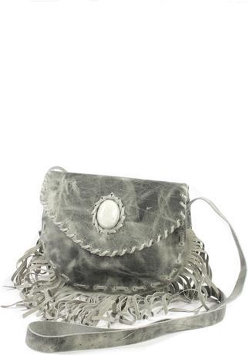 Bohemian Fair Trade Tas Halve Maan Franje Grijs Wit Jade