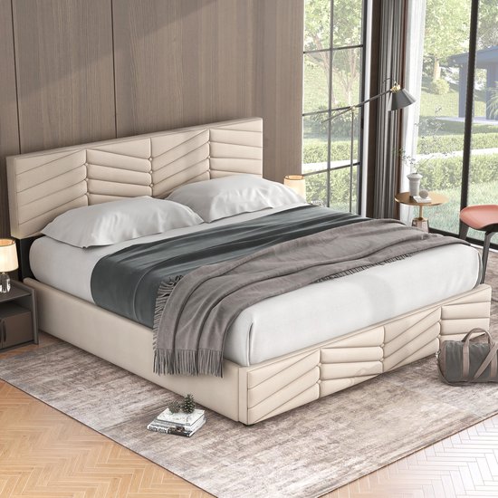 Sweiko Stoffering Bed, Dubbel Bed, Hydraulisch Functioneel Bed, Fluweel, Stripe Style, Continental Bed, Hoogte Verstelbaar Hoofdbord, 180 x 200, Beige