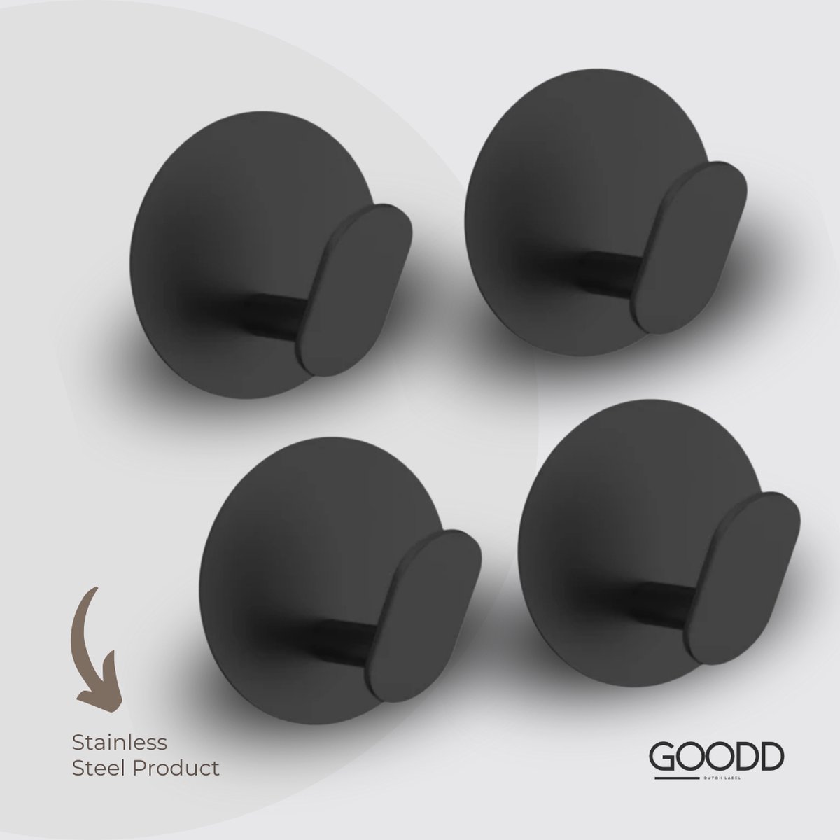 GOODD® Pau - Handdoekhaakjes - Handdoekhouders - Zwart - 4 stuks - Rvs