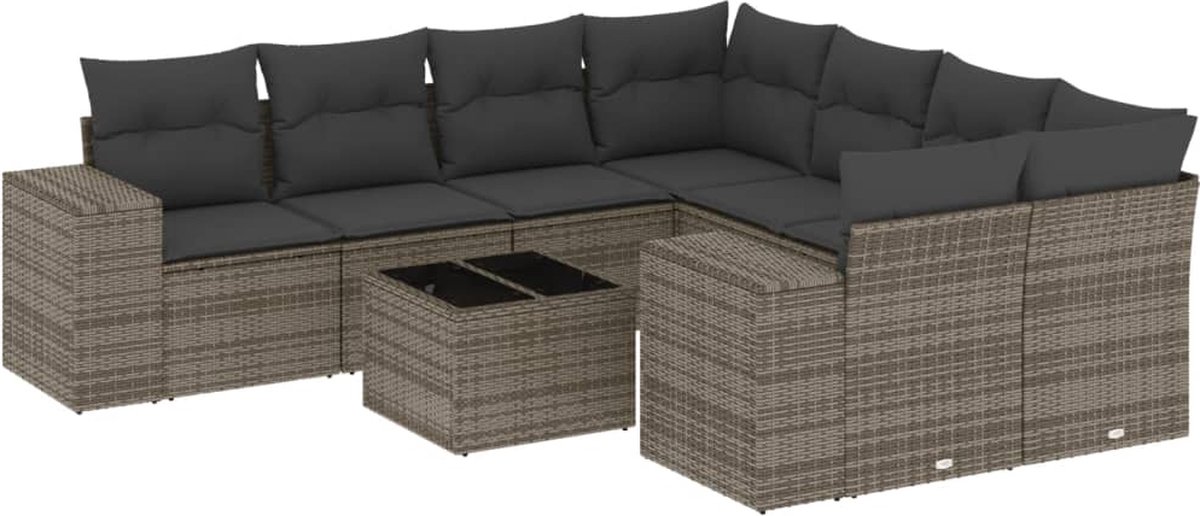 vidaXL 9-delige - Loungeset - met - kussens - poly - rattan - grijs