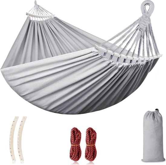 AKOFIC Hamac Double Extérieur 190 X 150 Cm – Coton Respirant, Charge 150 Kg, Barres Anti-Roulis, Sac De Transport Inclus – Jardin, Camping, Terrasse