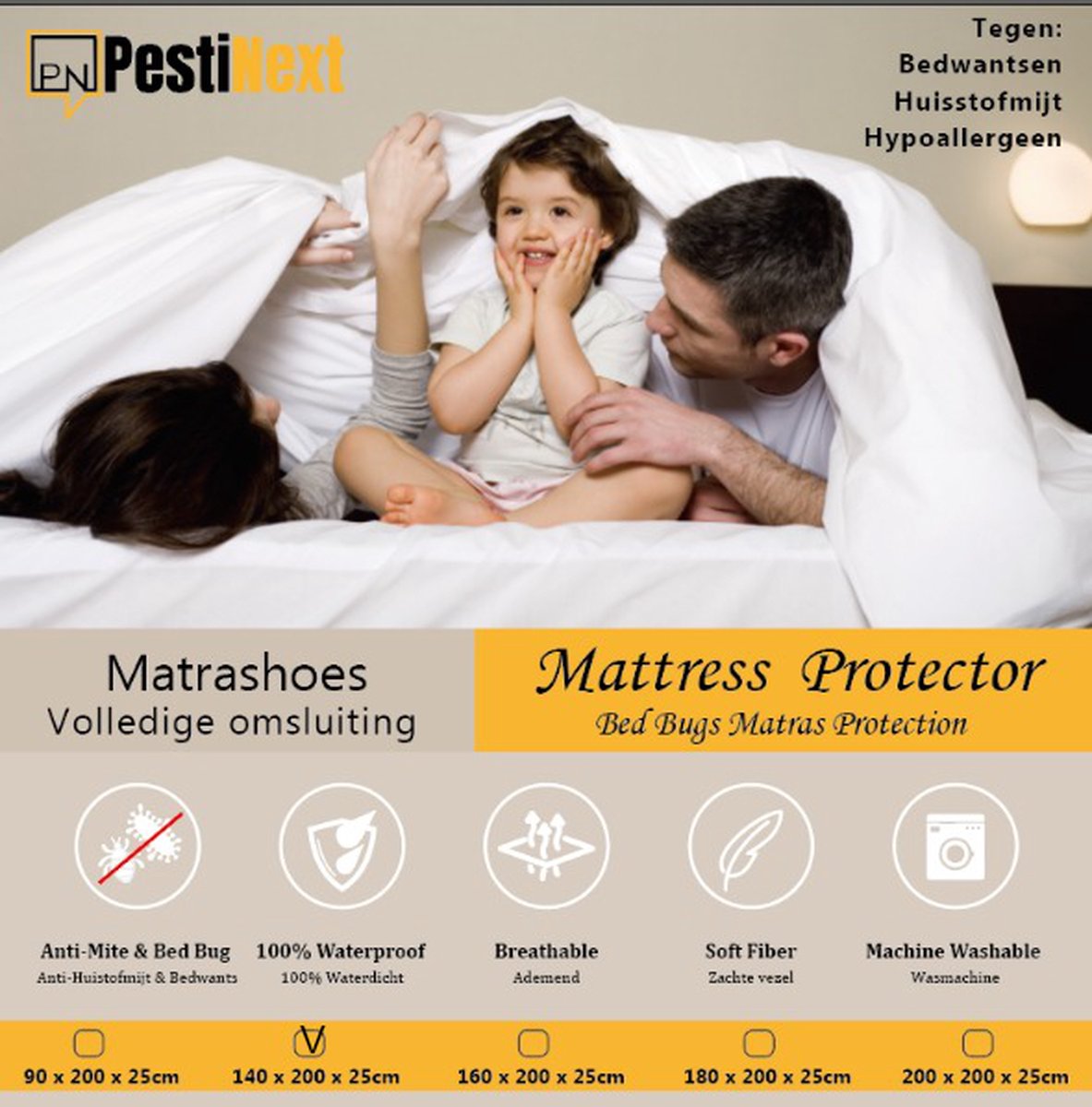 Matrasbeschermer – Matrashoes 200x200x25cm - Volledige omsluiting van matras - Waterdicht - Anti Allergeen - Met ritssluiting - tegen bedwantsen en huisstofmijt - Anti bacterieel
