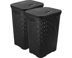 Hega Hogar Wasmand met deksel Rotan - 2x - antraciet - gevlochten kunststof - 60 liter - 34 x 43 x 62 cm
