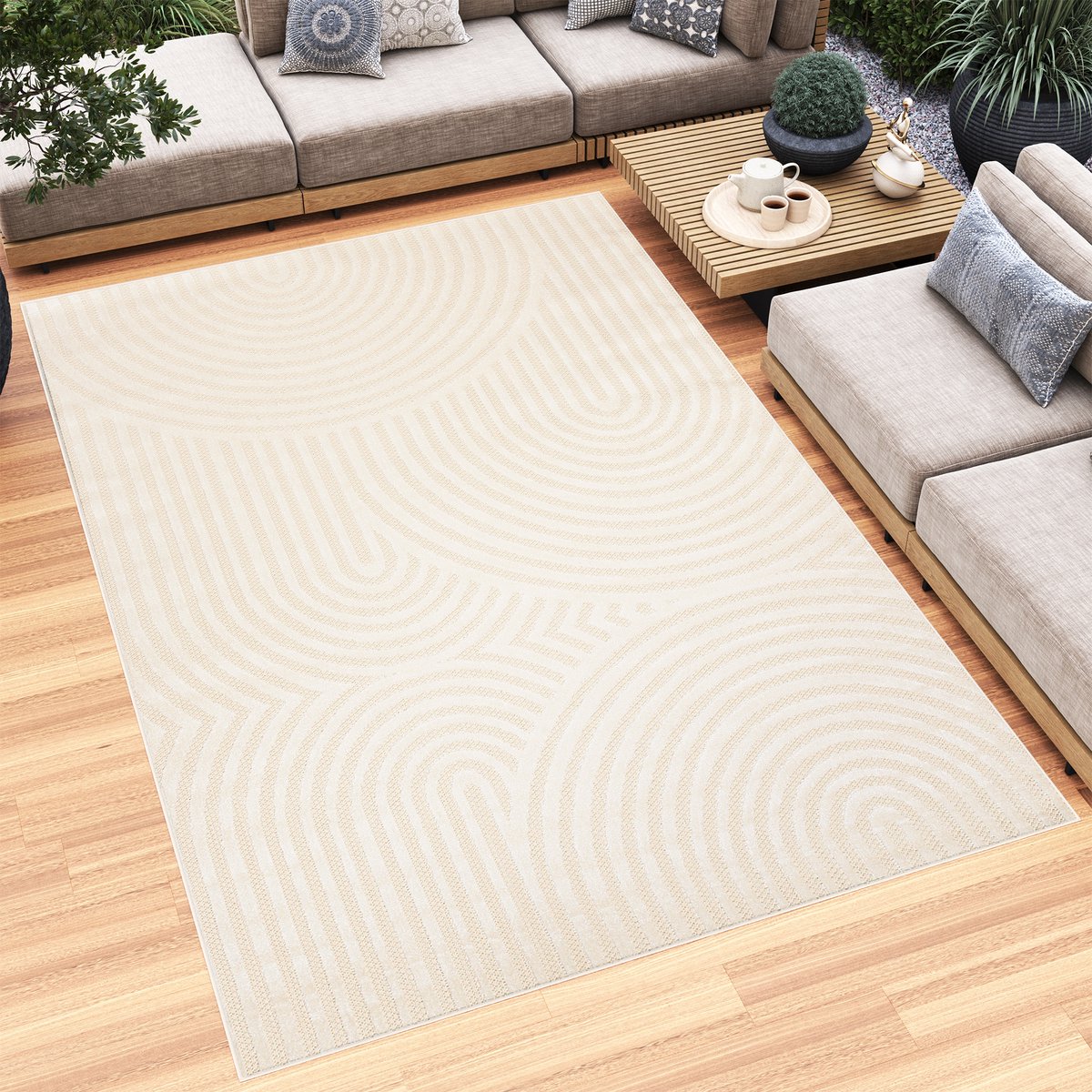 Tapiso Patio Vloerkleed Tuintapijt Outdoor Beige Buitenkleed Modern Maat- 140x200