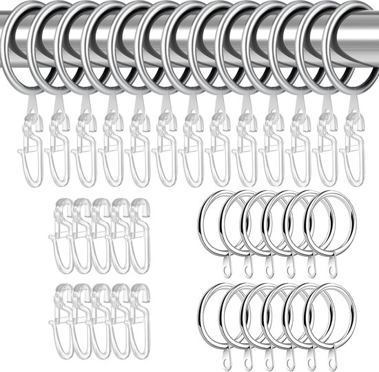 Lot De 50 Anneaux De Rideau Métal + 50 Crochets Plastique - Pour Tringle Jusqu'à 27 Mm - Noir