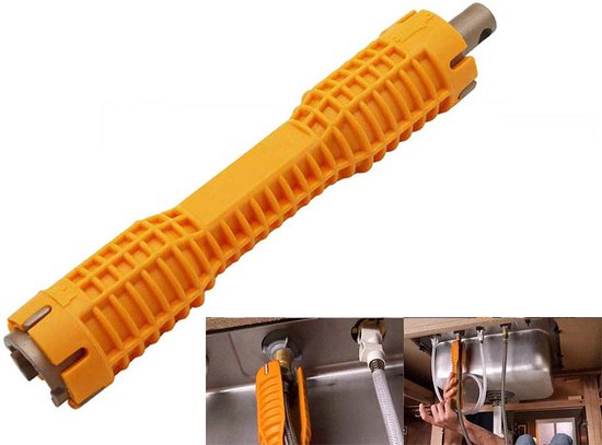 Gele kraansleutel met maten 26cm en 5cm, inclusief close-up van de bek.