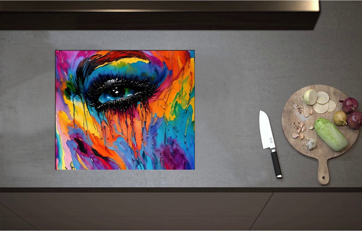 Inductieplaat Beschermer - Acrylverf Schilderij van Deel van Regenboogkleurig Gezicht - 58x50 cm - 2 mm Dik - Inductie Beschermer - Bescherming Inductiekookplaat - Kookplaat Beschermer van Zwart Vinyl