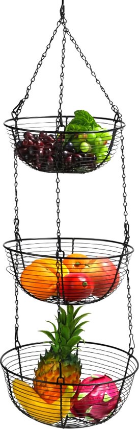TYTOGE Hangende fruitmand met 3 etages, ijzeren korven met haken, keukenampel om op te hangen