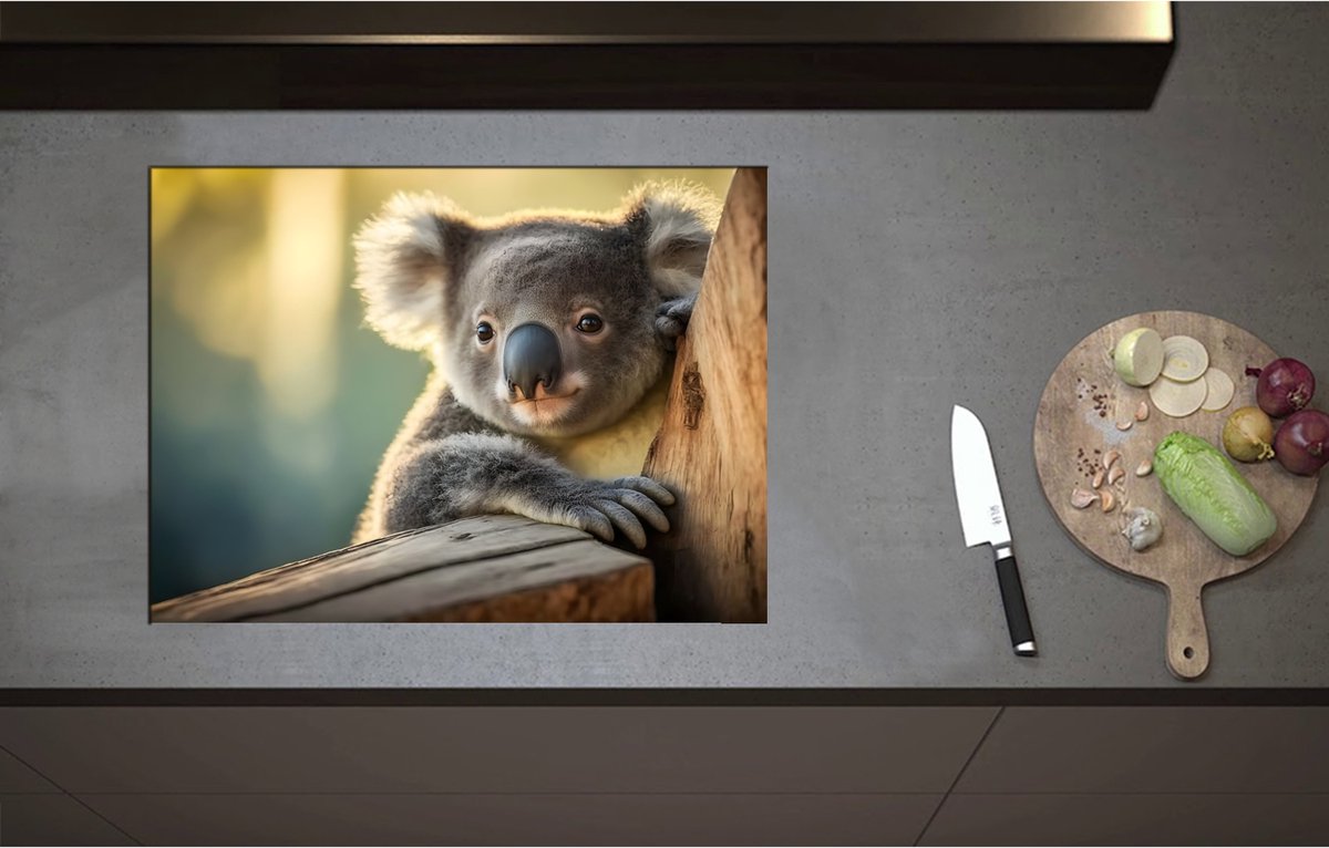 Inductieplaat Beschermer - Aandoenlijke Koala van Achter Boom - 70x52 cm - 2 mm Dik - Inductie Beschermer - Bescherming Inductiekookplaat - Kookplaat Beschermer van Wit Vinyl