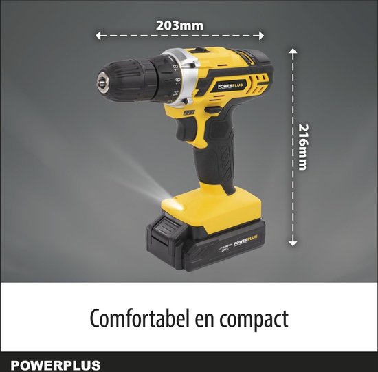 Powerplus POWX00501 Perceuse sans fil - Perceuse à vis - Batterie de perceuse - Visseuse sans fil - 20V - Incl. 3 batteries Li-ion 20 V, chargeur et mallette à outils 12 pièces avec embouts de tournevis - Pour le bois, la pierre et le métal