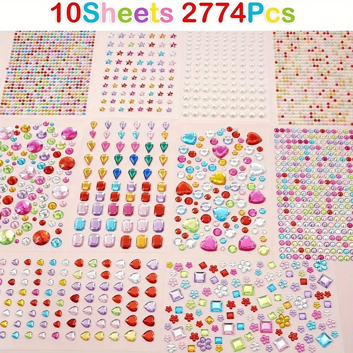 RiLeo Strass Steentjes Zelfklevend Acryl edelstenen Steen Steentjes Diamant Schitterend Glimmend Glitter Knutselproject Plakboek Festiviteit Feestelijk Gezichtsdecoratie Festival Carnaval 2774 stuks 10 vellen